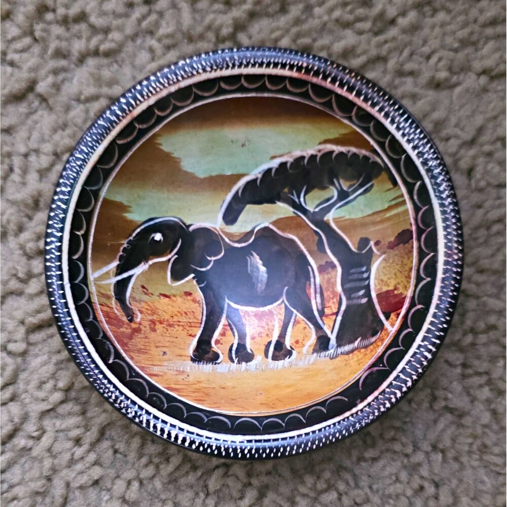 Kenyan Kisii Soapstone Bowl Hand Carved Painted Safari Elephant Dish